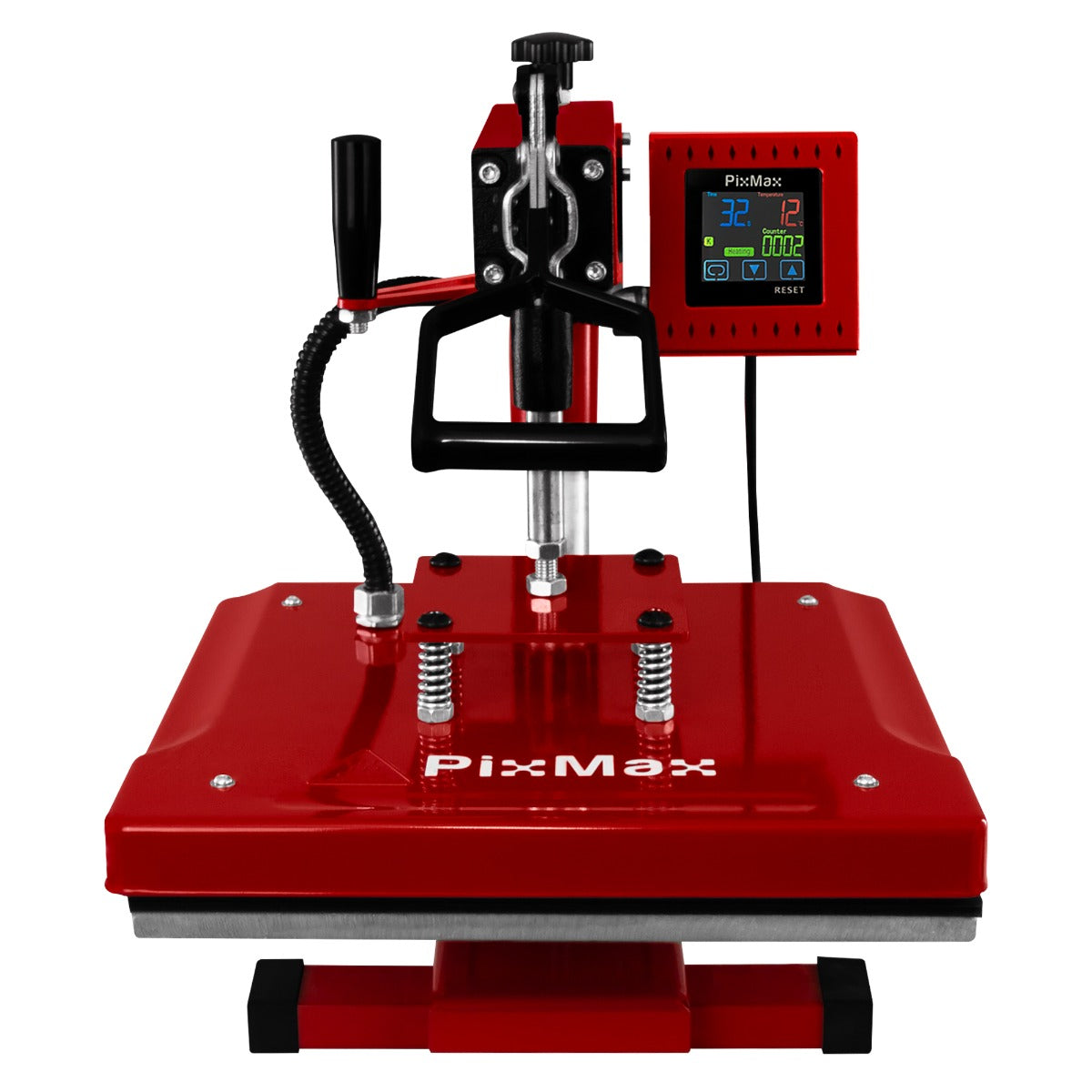 Pressa termica rossa PixMax 38 x 38 cm con display digitale, manico ergonomico e base robusta per trasferimenti di alta qualità