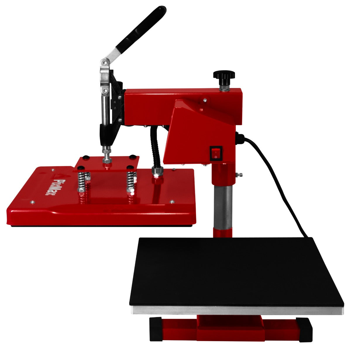 Pressa termica rossa con piano di lavoro nero, ideale per sublimazione, dotata di manico ergonomico e controlli regolabili