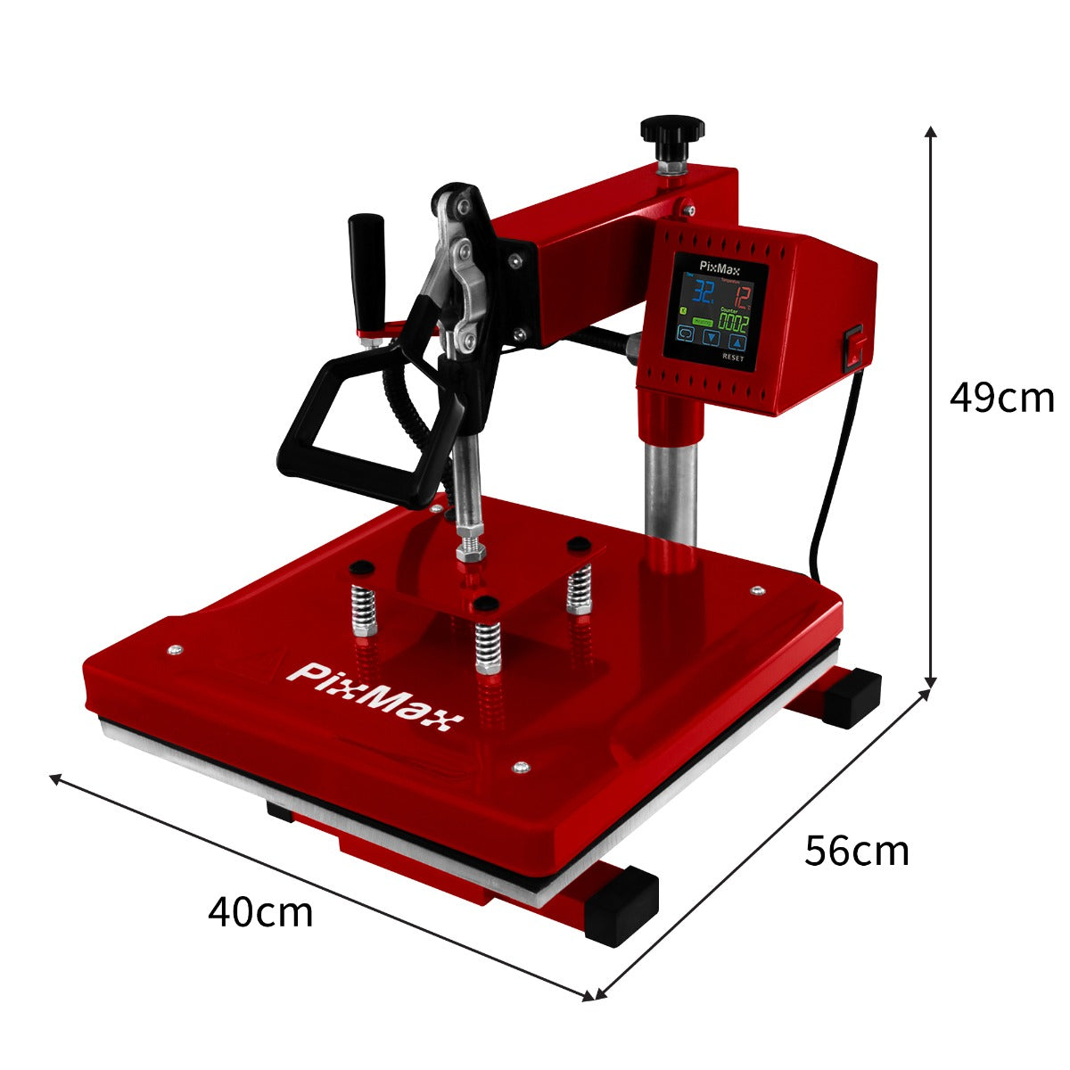 Pressa termica rossa 38 x 38 cm con display digitale, manico ergonomico e base robusta per trasferimenti di alta qualità