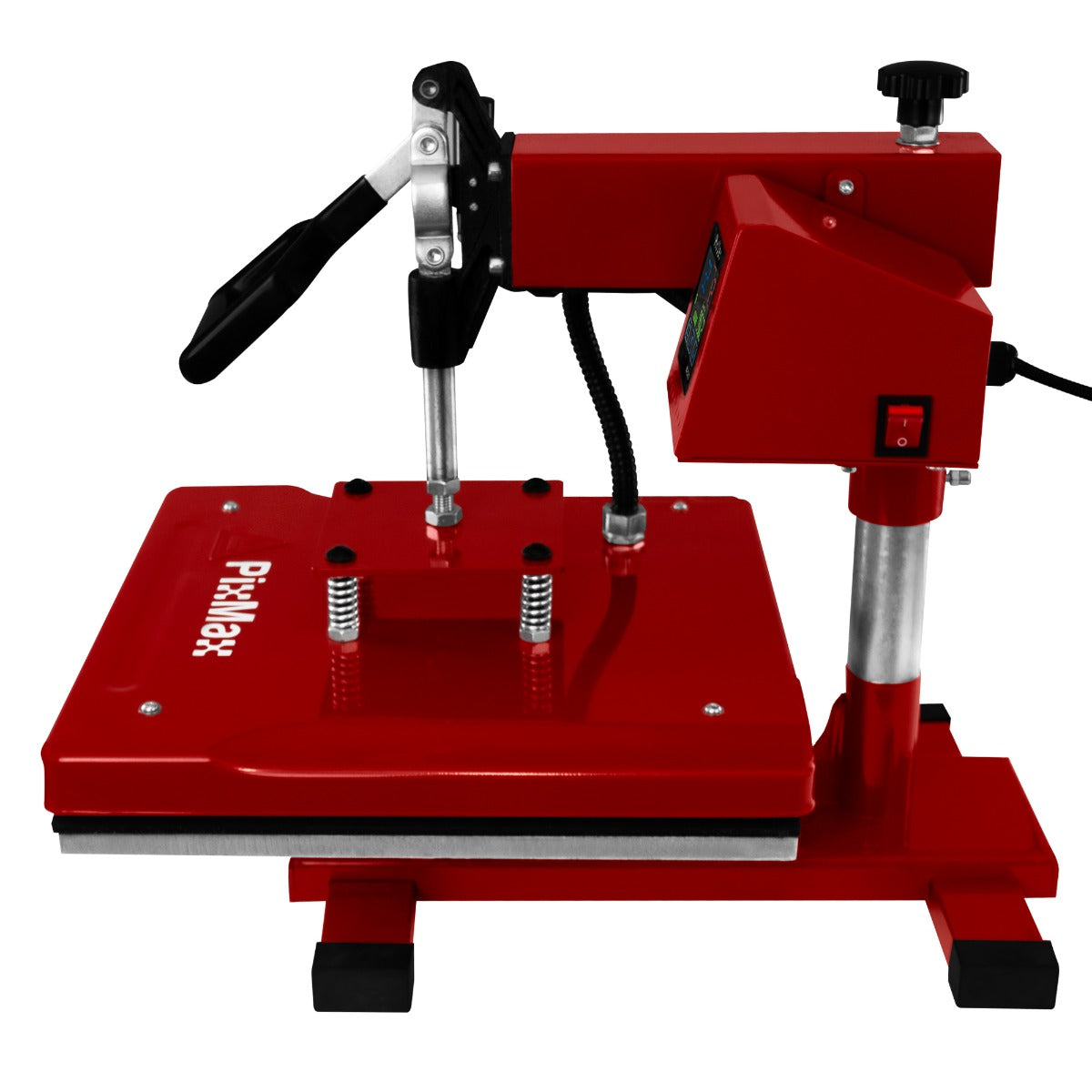 Pressa termica rossa con piano di lavoro 38 x 38 cm, manico ergonomico e display per il controllo della temperatura e del tempo