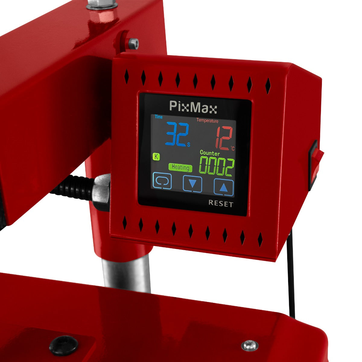 Pressa termica rossa 38 x 38 cm con display digitale, mostra temperatura, timer e contatore per un uso preciso e facile