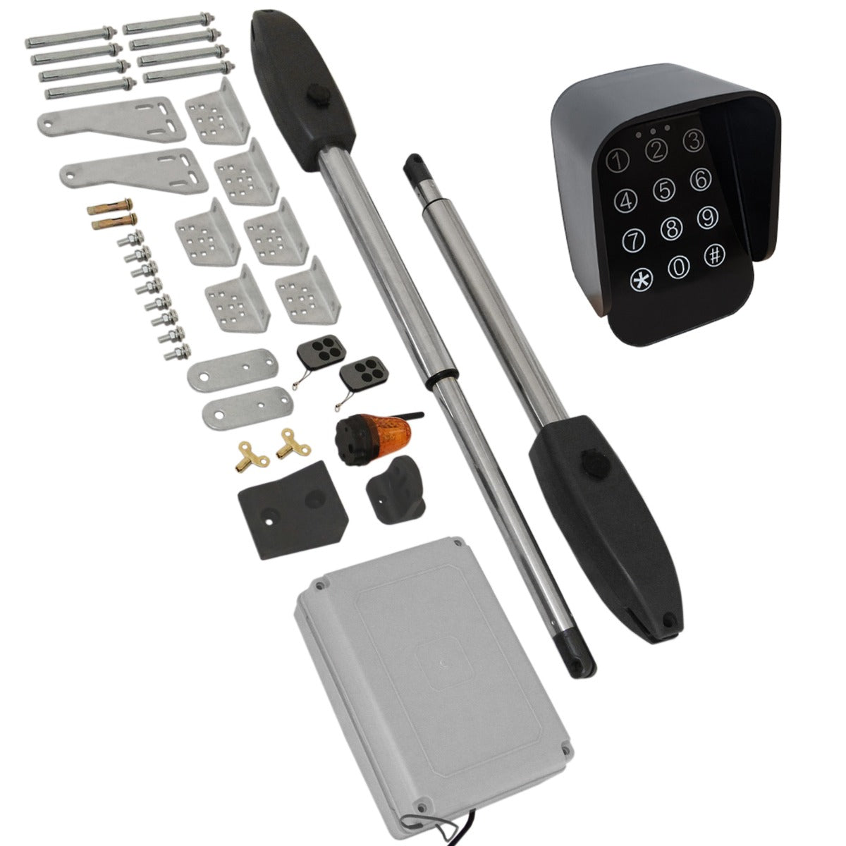 Apriporta a battente T-Mech con tastierino wireless, componenti metallici, finiture nere e grigie, design moderno e funzionale