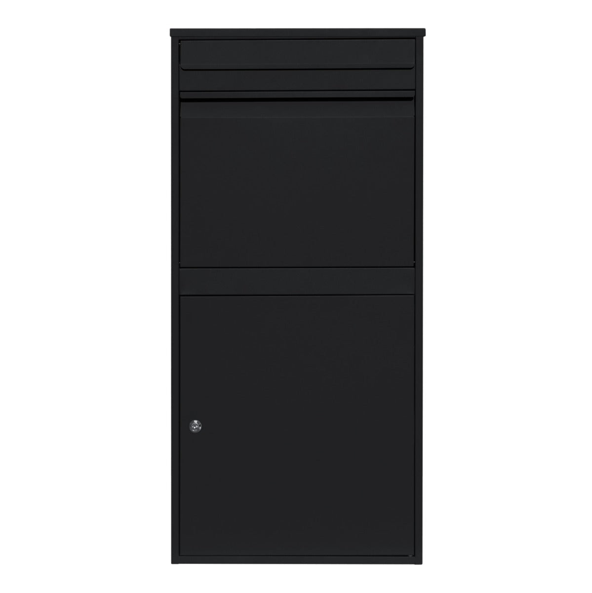 Cassetta postale XL antifurto per pacchi in metallo nero, design elegante e moderno, con serratura e fessura per lettere superiore