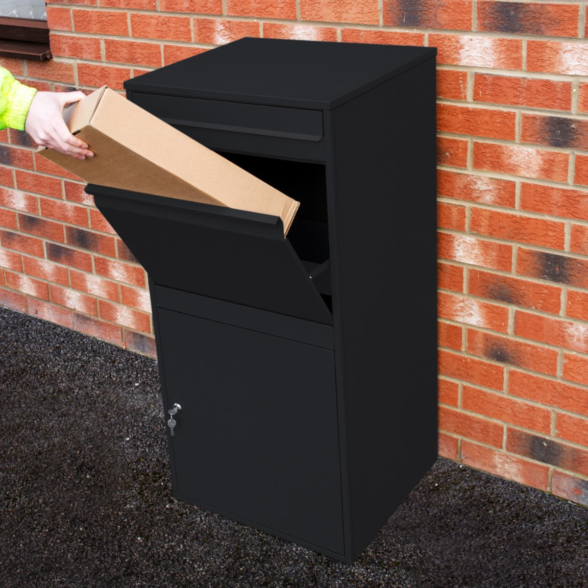 Cassetta postale XL antifurto nera, con apertura superiore per pacchi e sportello inferiore, resistente e sicura, ideale per esterni