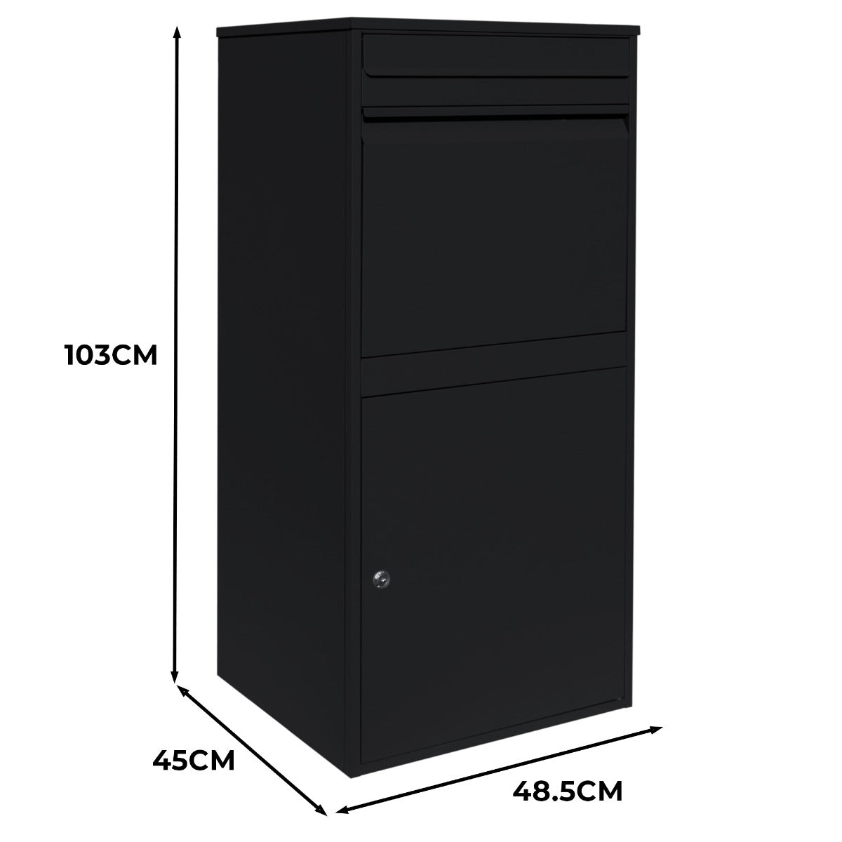 Cassetta postale XL antifurto nera, design moderno, dimensioni 103x45x48.5 cm, con serratura e slot per pacchi sicuri