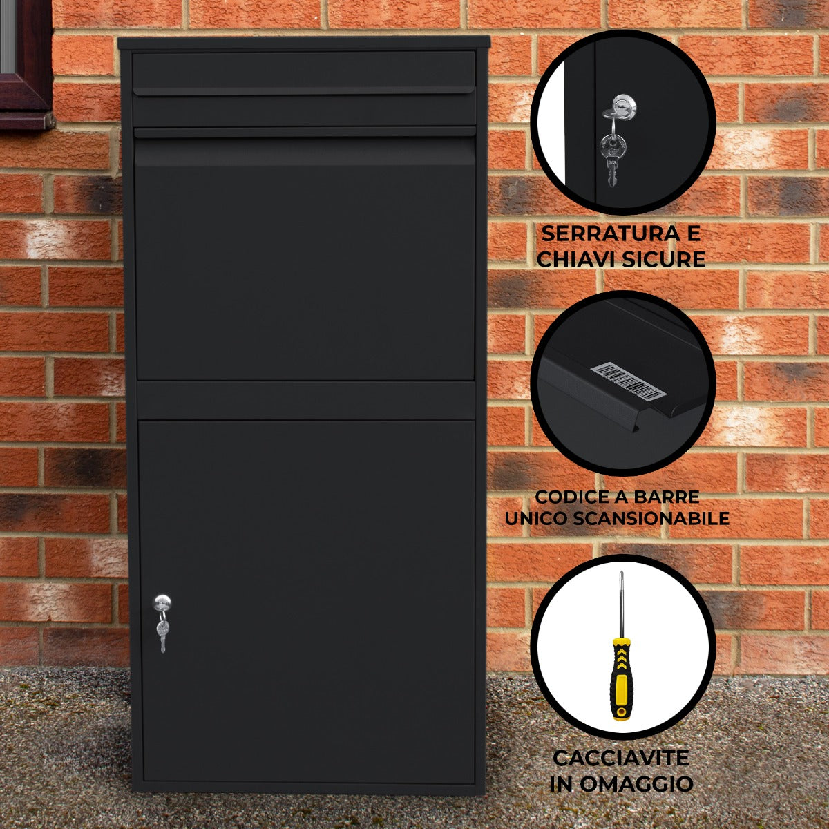 Cassetta postale XL antifurto nera con serratura sicura, chiavi incluse, design elegante e resistente, ideale per pacchi e lettere