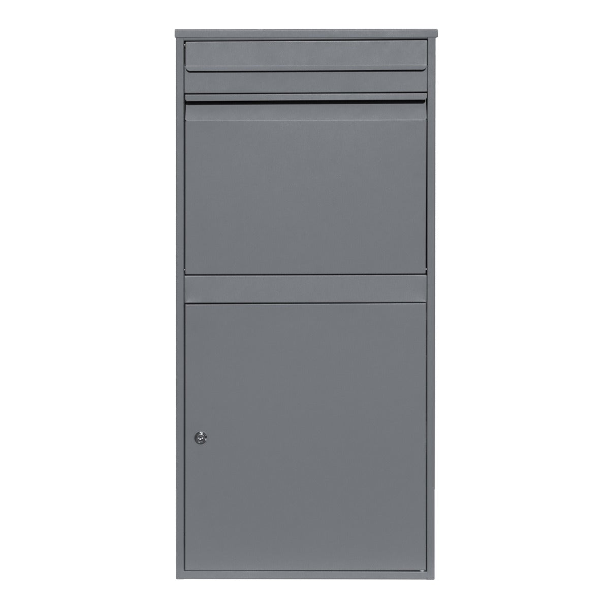 Cassetta postale XL antifurto grigia, realizzata in metallo resistente, con fessura per lettere e vano per pacchi, design moderno e funzionale