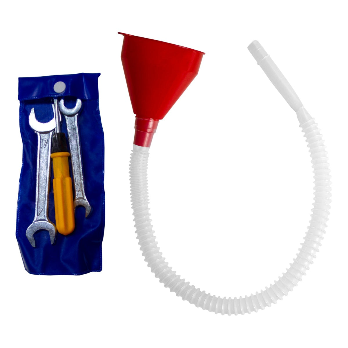 Set di attrezzi con chiavi inglesi e cacciavite su sfondo blu, insieme a un imbuto rosso con tubo flessibile trasparente