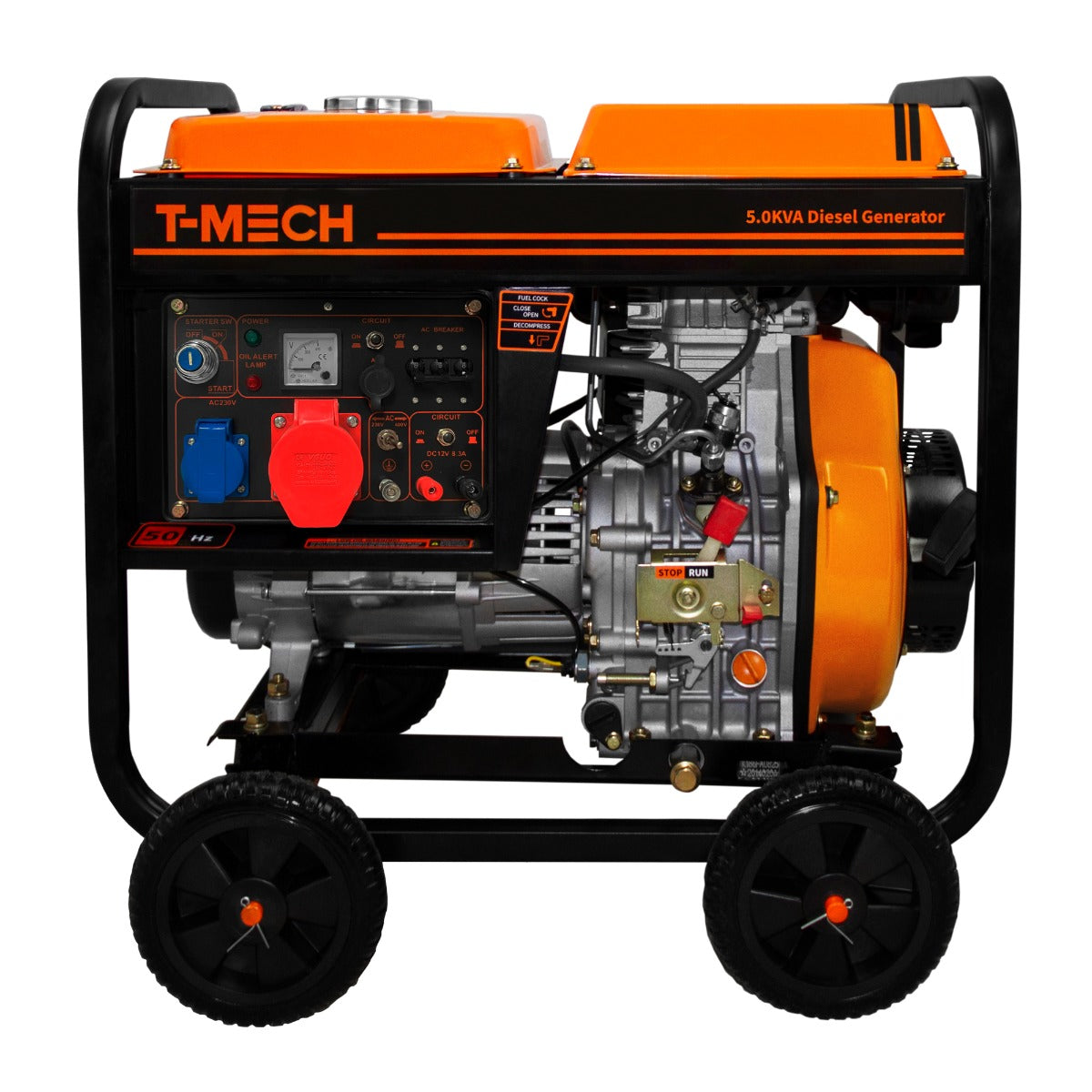 Generatore a diesel T-Mech 5KW portatile, con struttura nera e arancione, ruote robuste e pannello di controllo colorato con manopole e indicatori
