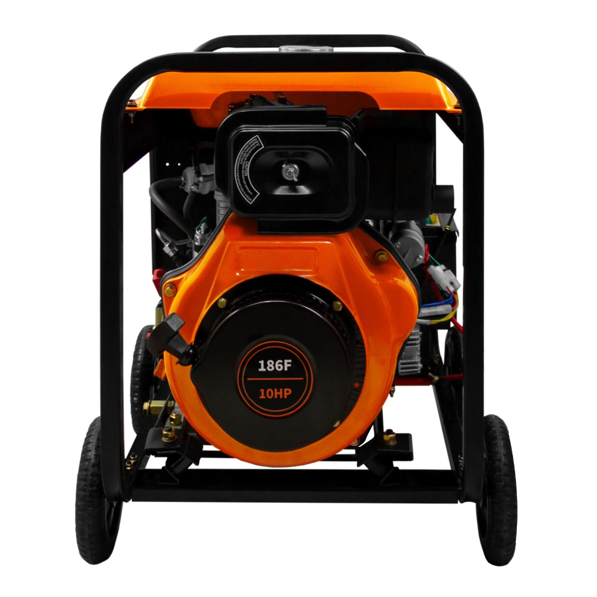 Generatore a diesel portatile T-Mech 5KW con motore arancione, telaio nero e ruote per facilità di trasporto e utilizzo