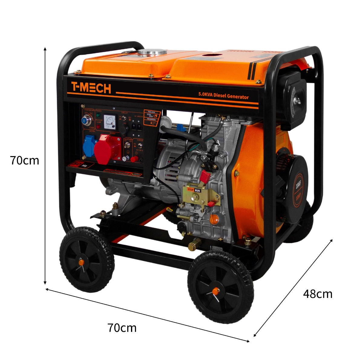 Generatore a diesel T-Mech 5KW portatile, con telaio nero, dettagli arancioni, ruote robuste e pannello di controllo colorato e funzionale