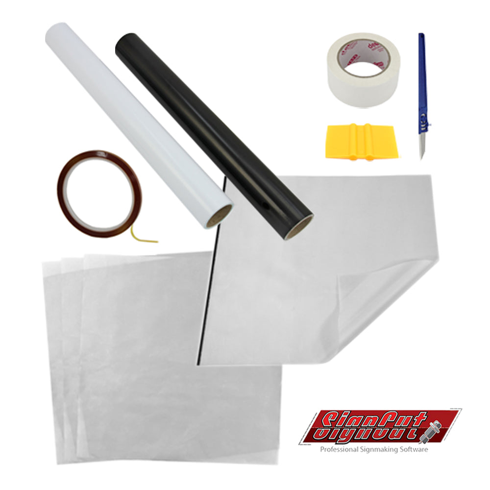 Bundle di materiali per stampa a caldo, include rotoli di vinile nero e bianco, fogli trasparenti, nastro adesivo e attrezzi per applicazione