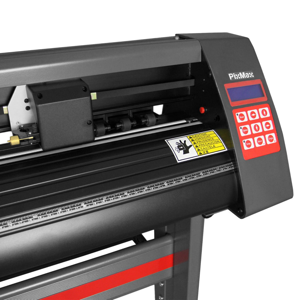 Stampa a caldo rossa 38x38 cm con taglia vinile da 135 cm, macchina con display digitale e dettagli neri e rossi lucidi
