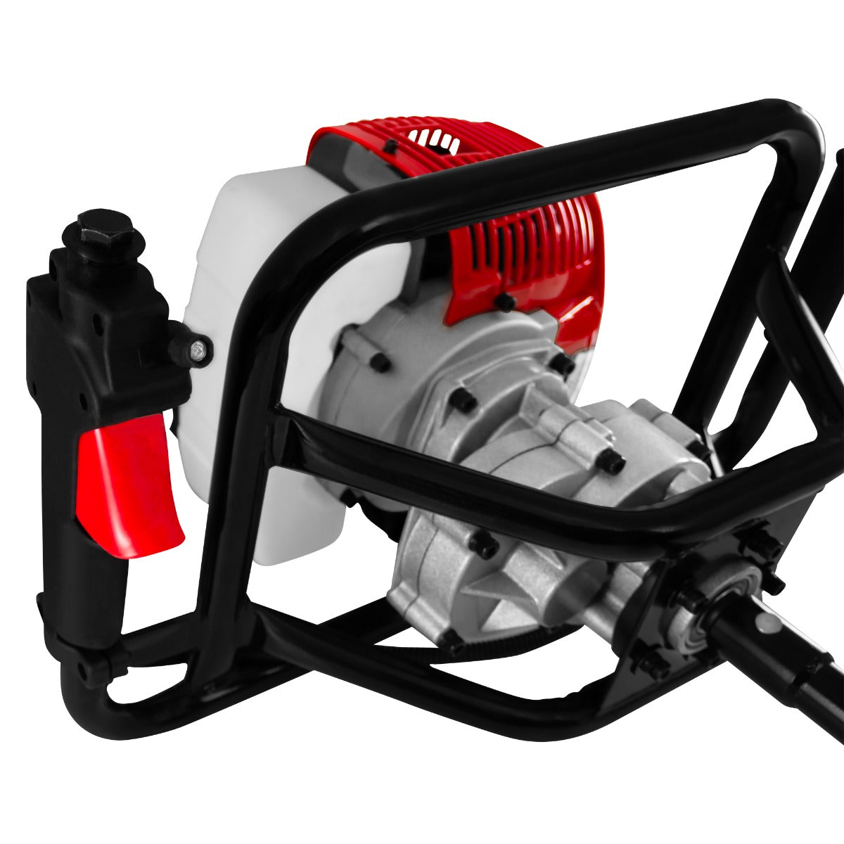 Trivella a benzina T-Mech 52cc con motore grigio, struttura nera e dettagli rossi, progettata per perforazioni efficienti e durature