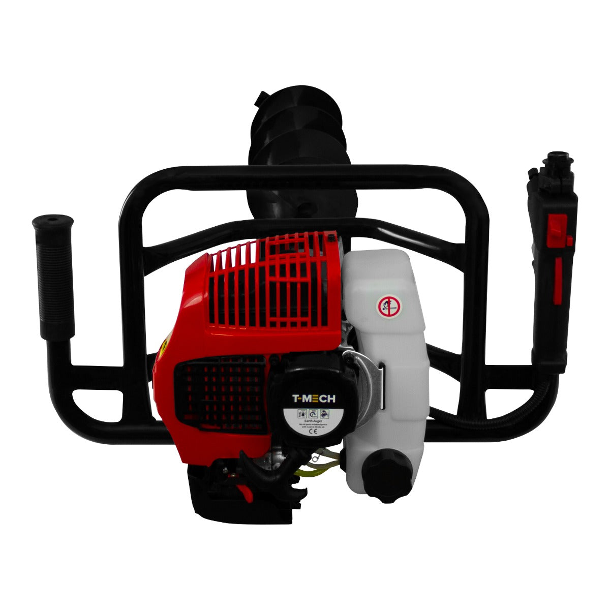 Trivella a benzina T-Mech 52cc con motore rosso e struttura nera, maniglie ergonomiche e design robusto per perforazioni efficienti