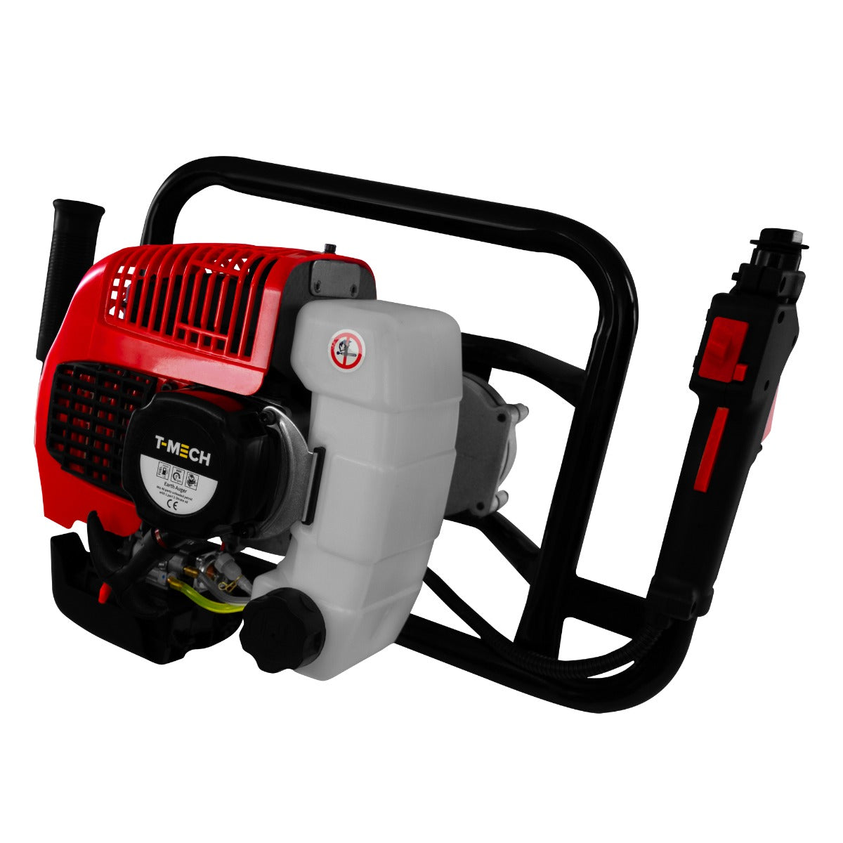 Trivella T-Mech a 4 tempi, motore rosso e grigio, design robusto, ideale per perforare terra e montare pali, manico ergonomico
