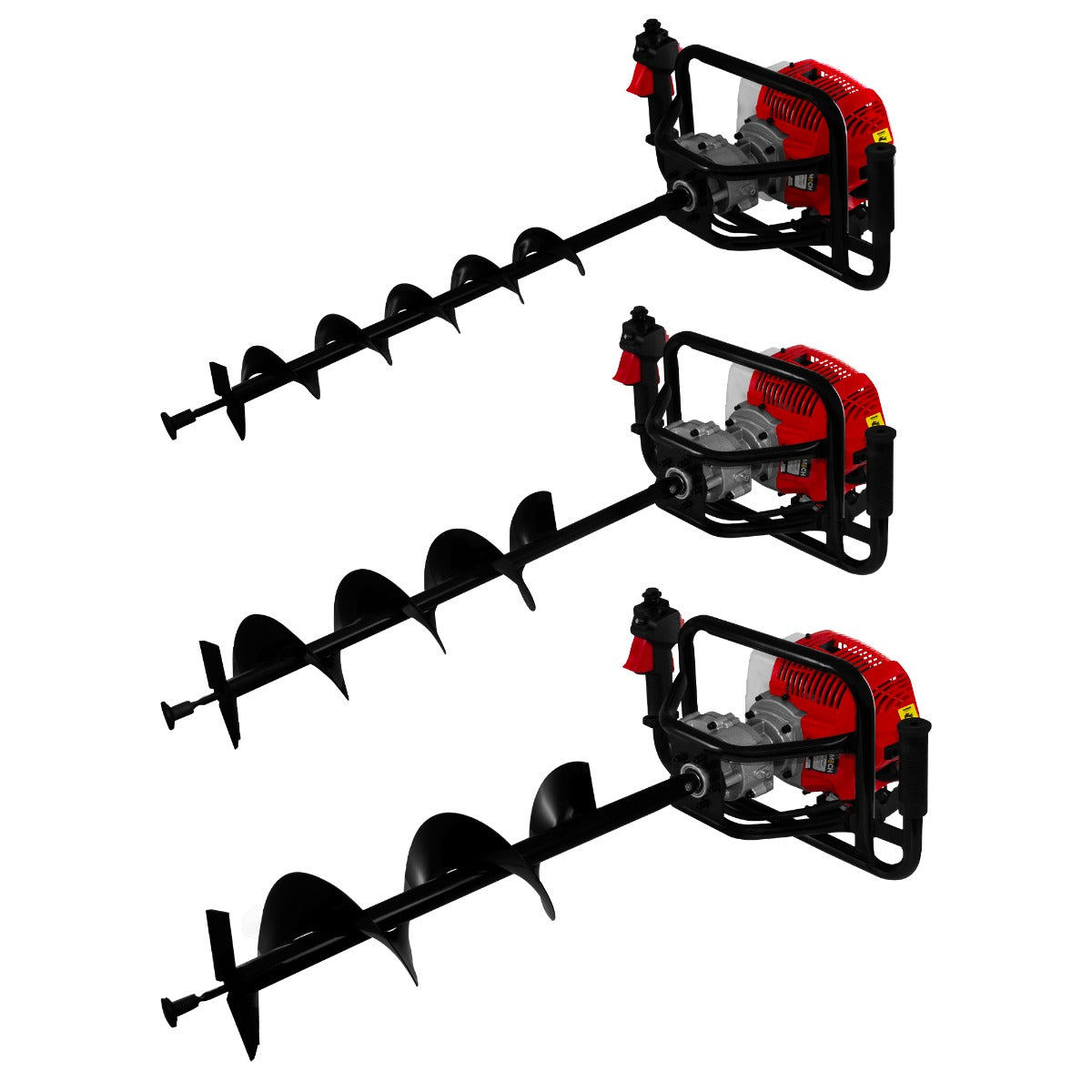 Trivella T-Mech a 4 tempi con motore rosso, tre punte nere di diverse dimensioni per forare la terra e montare pali