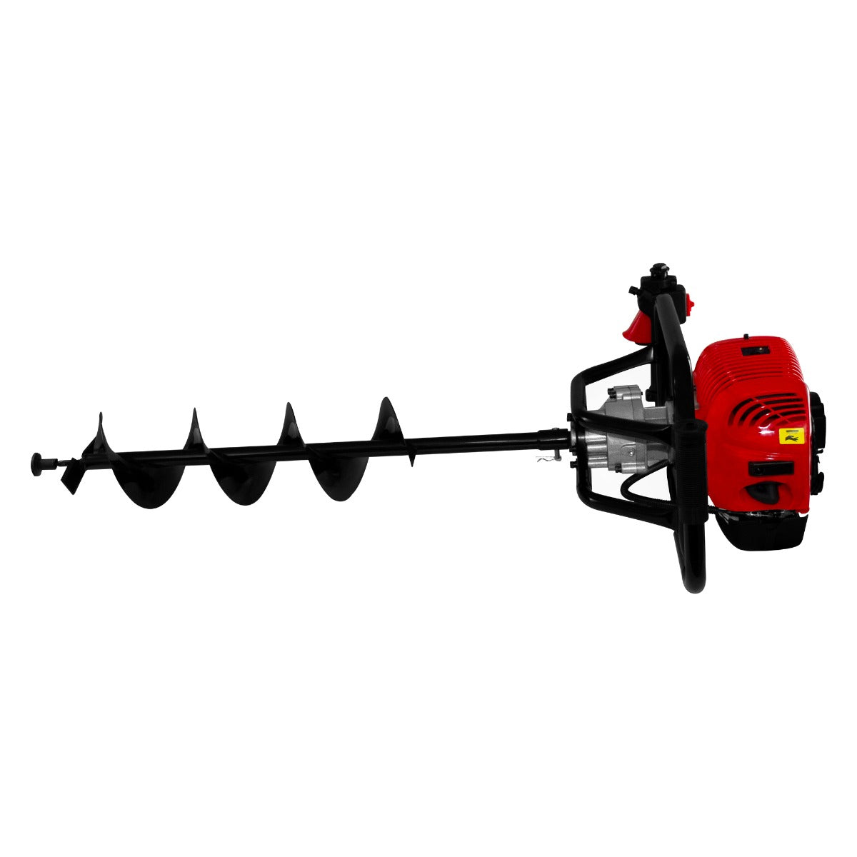 Trivella T-Mech a 4 tempi con motore rosso, elica nera a spirale, progettata per perforare la terra e montare pali da 120 mm