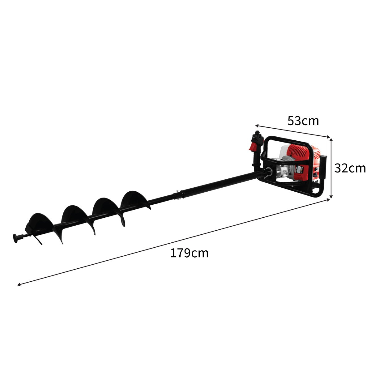 Trivella T-Mech a 4 tempi, lunga 179 cm, con punta nera a spirale e motore rosso, ideale per forare la terra e montare pali