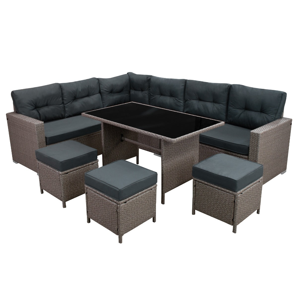 Set ad angolo in rattan grigio con cuscini neri, tavolo in vetro, ideale per esterni, elegante e confortevole per rilassarsi