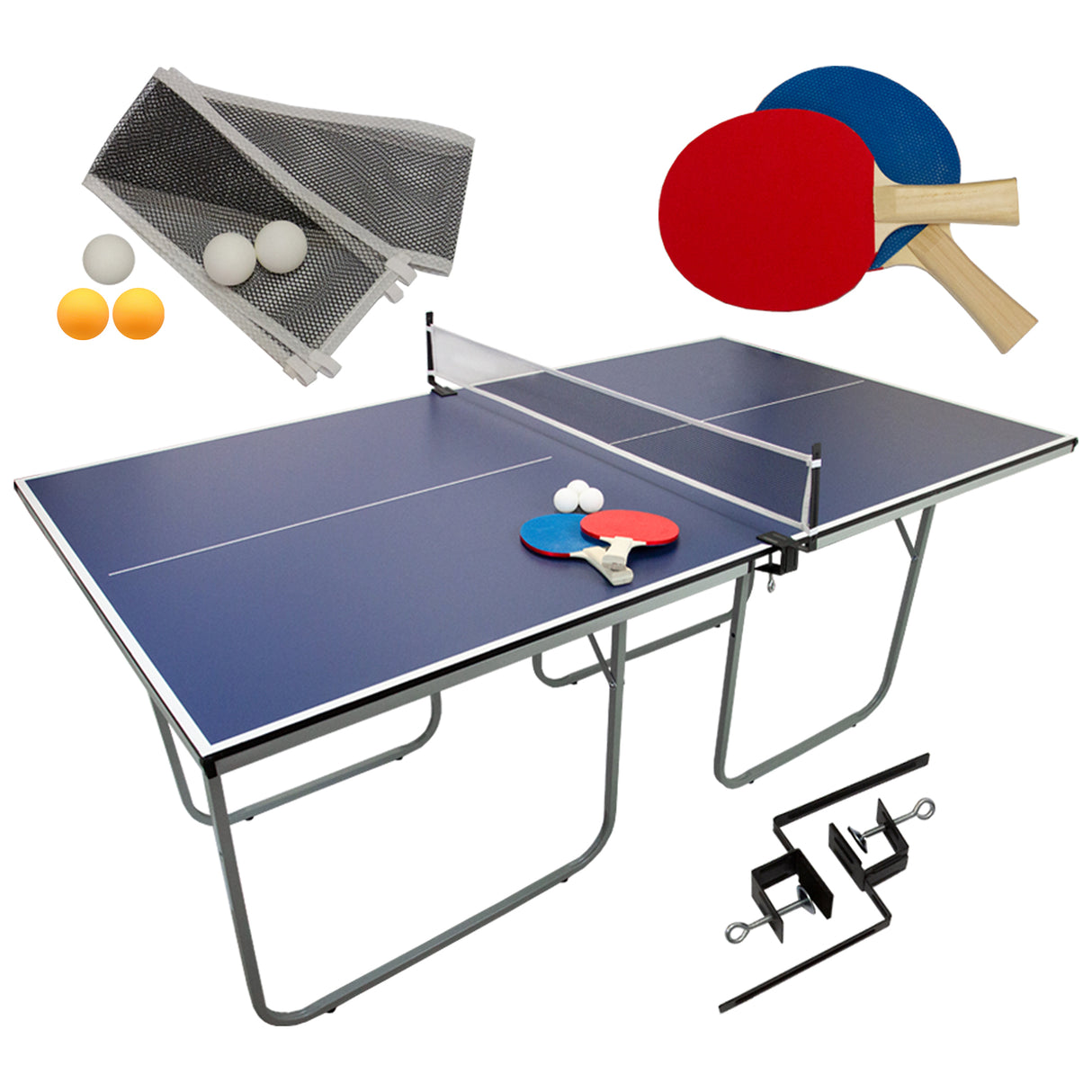 Tavolo da ping pong pieghevole blu con rete, racchette rosse e blu, palline bianche e gialle, struttura in metallo resistente