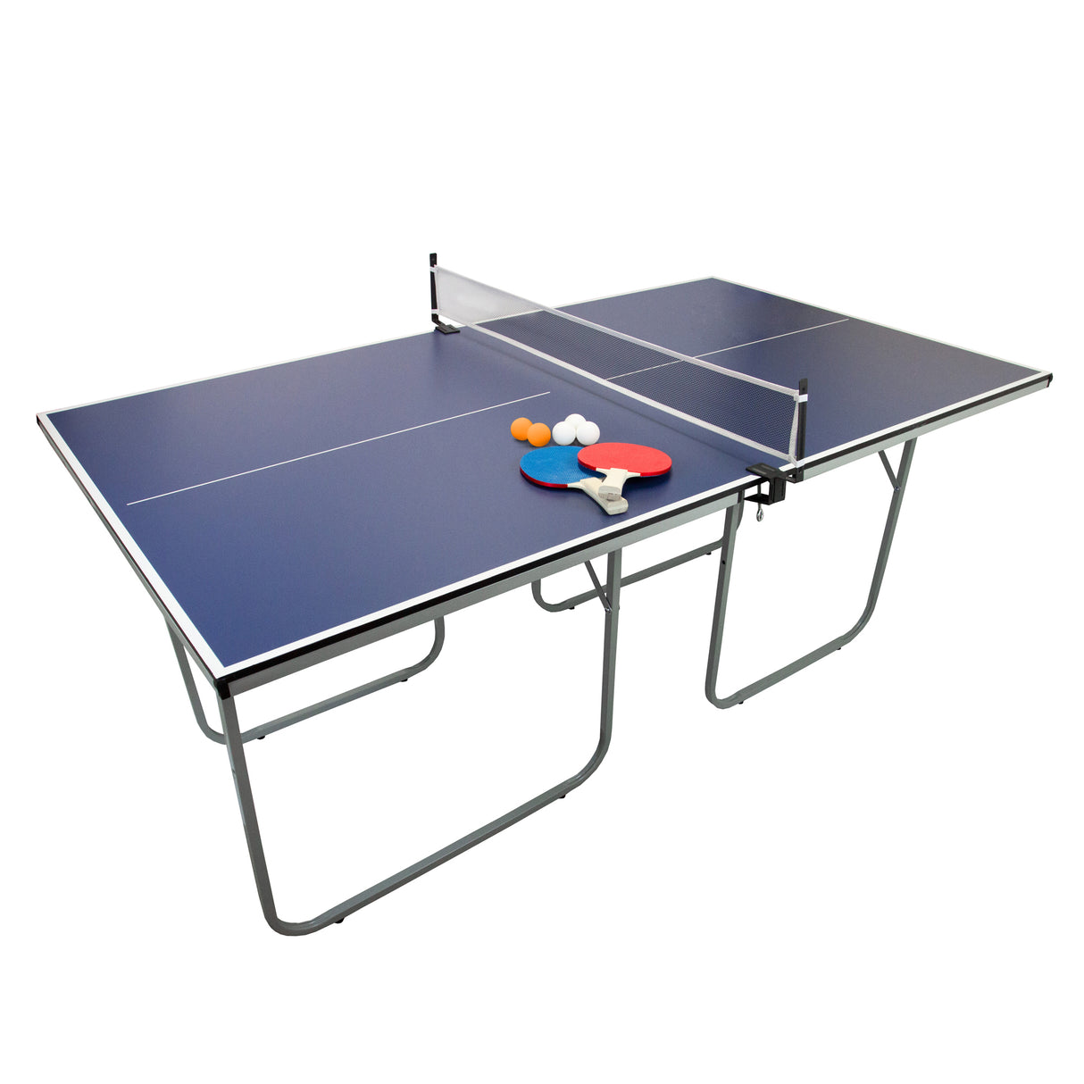 Tavolo da ping pong pieghevole blu con rete, accessori inclusi: racchette rosse e blu, palline bianche e arancioni, struttura in metallo resistente
