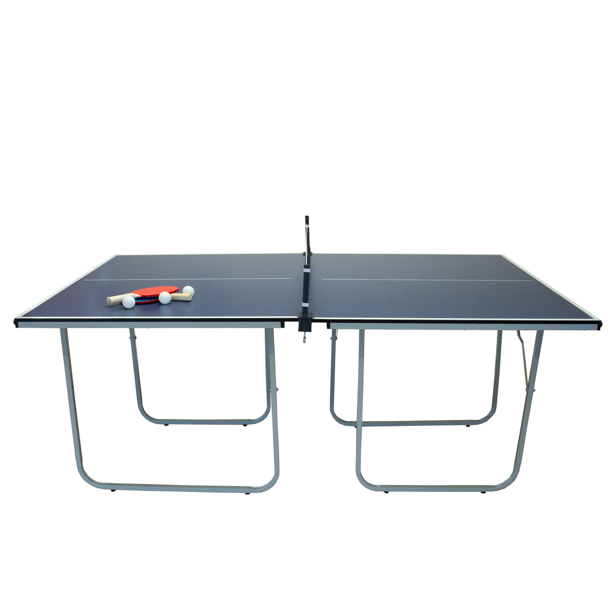 Tavolo da ping pong pieghevole con superficie blu, gambe in metallo grigio, accessori inclusi come racchette e palline