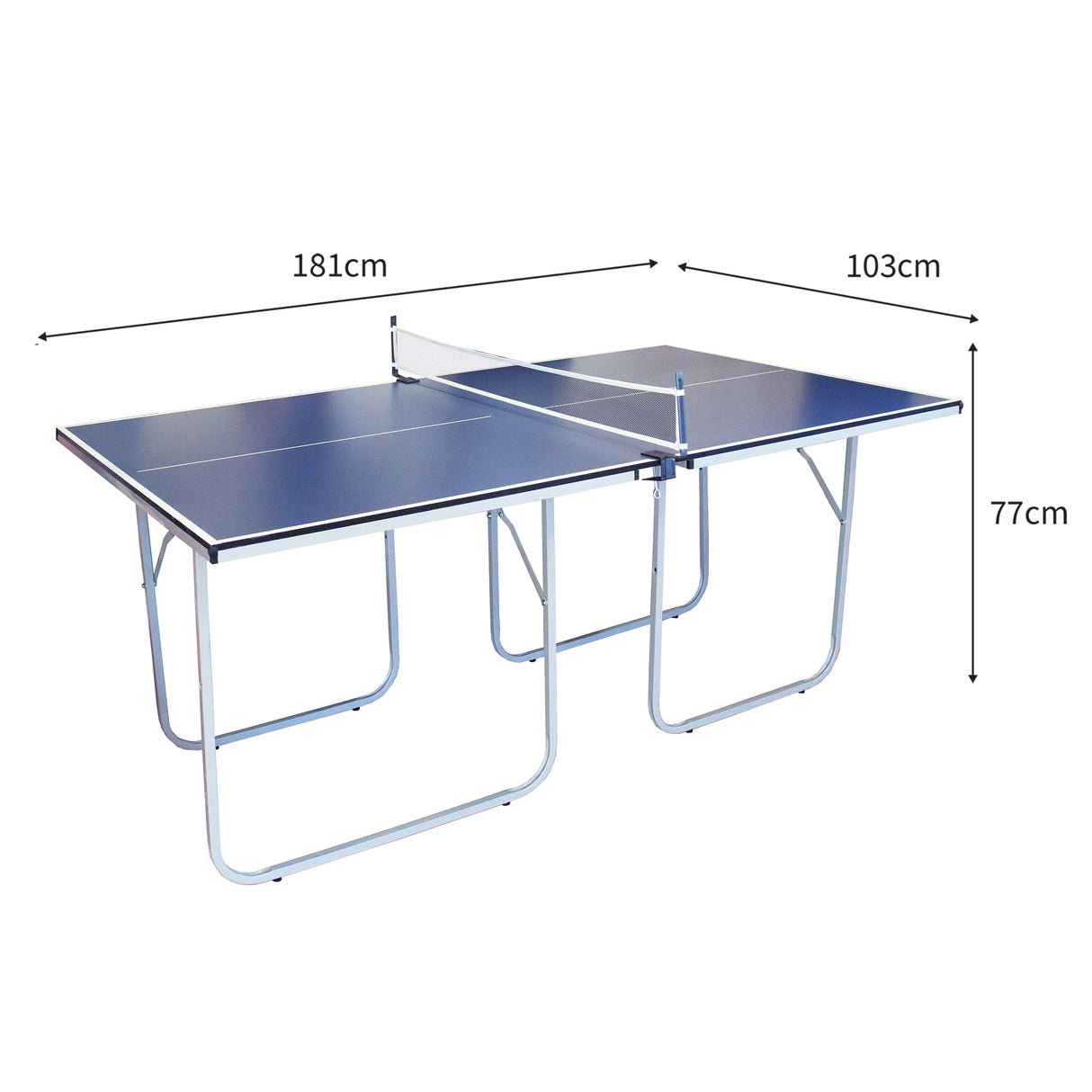Tavolo da ping pong pieghevole blu con struttura in metallo, dimensioni 181x103x77 cm, ideale per il gioco e facile da riporre