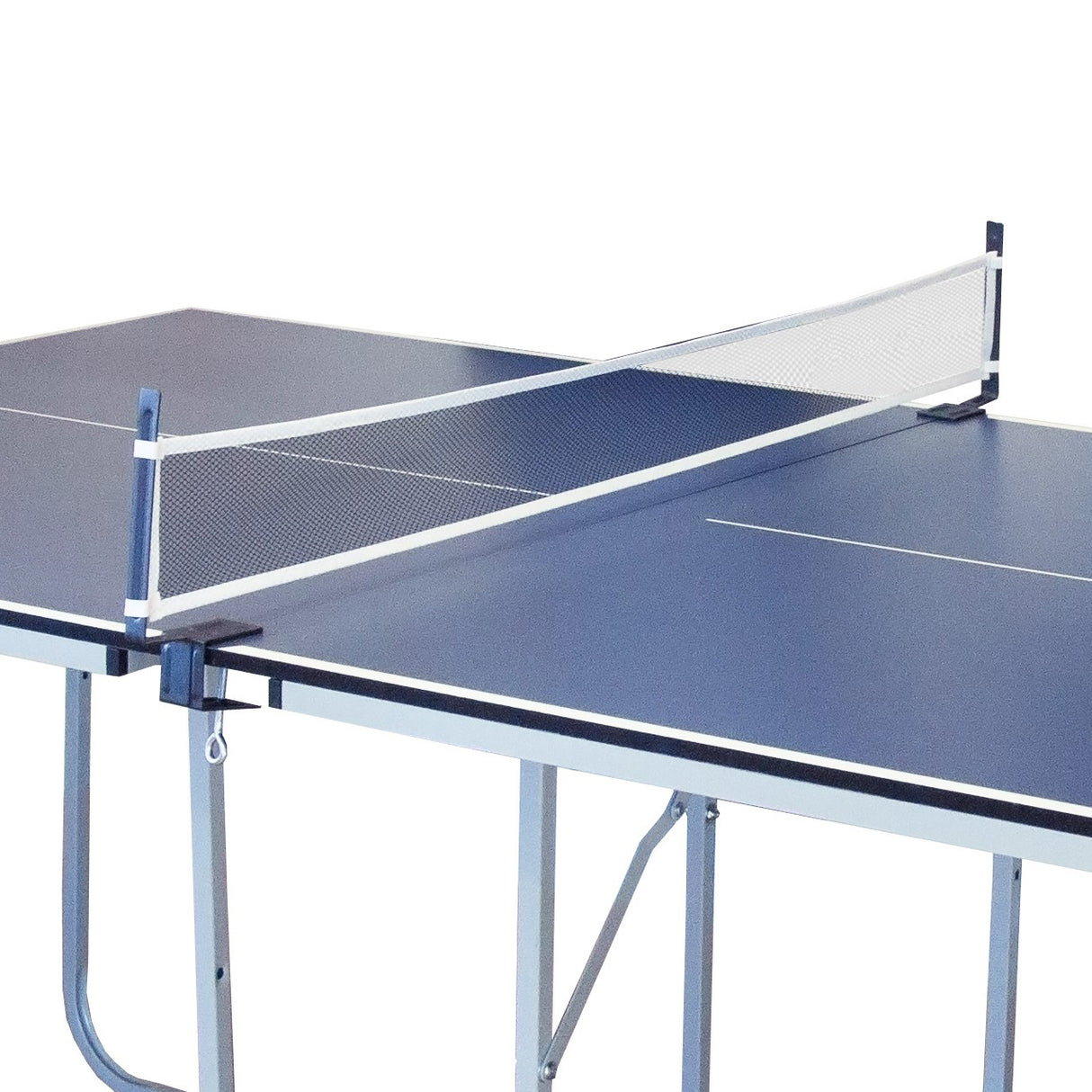 Tavolo da ping pong pieghevole blu con rete bianca, struttura in metallo, ideale per il gioco indoor e outdoor, accessori inclusi