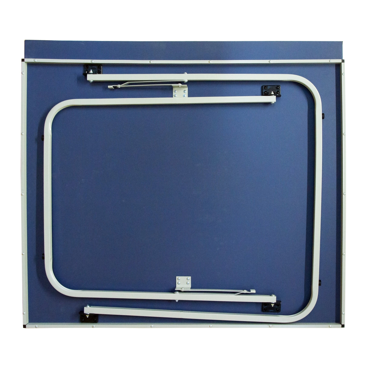 Tavolo da ping pong pieghevole con struttura metallica bianca, superficie blu, design compatto per facile stoccaggio e trasporto