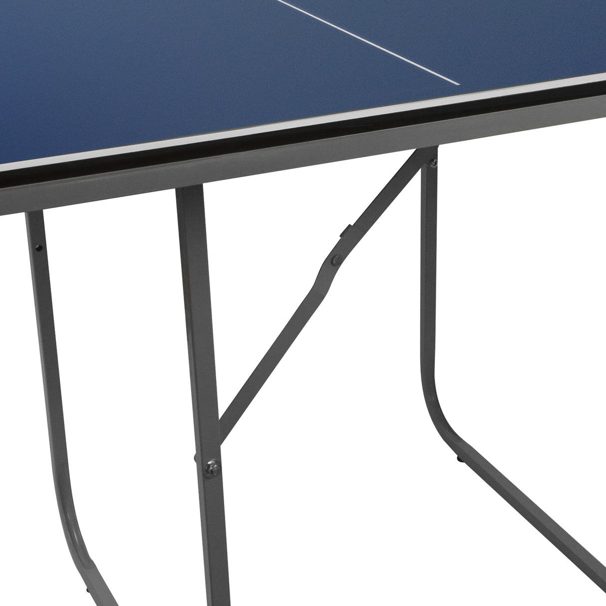 Tavolo da ping pong pieghevole con superficie blu, struttura in metallo grigio, facile da riporre e dotato di accessori inclusi