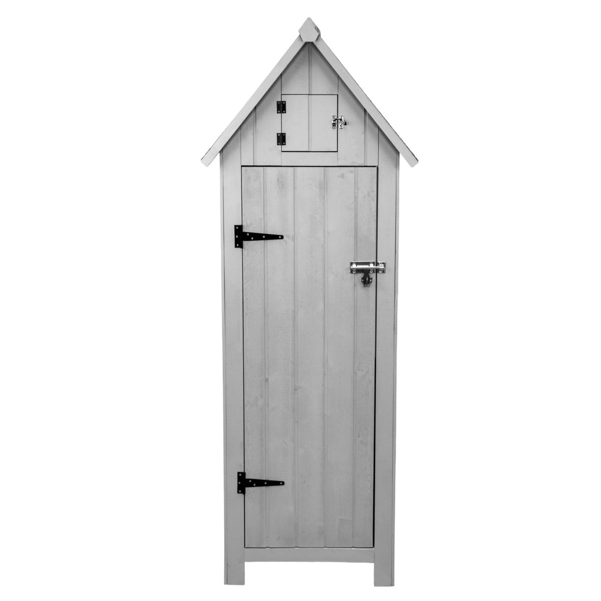 Capanno da giardino in legno grigio con tetto a punta, porte in legno con serrature e dettagli in metallo, design elegante e funzionale