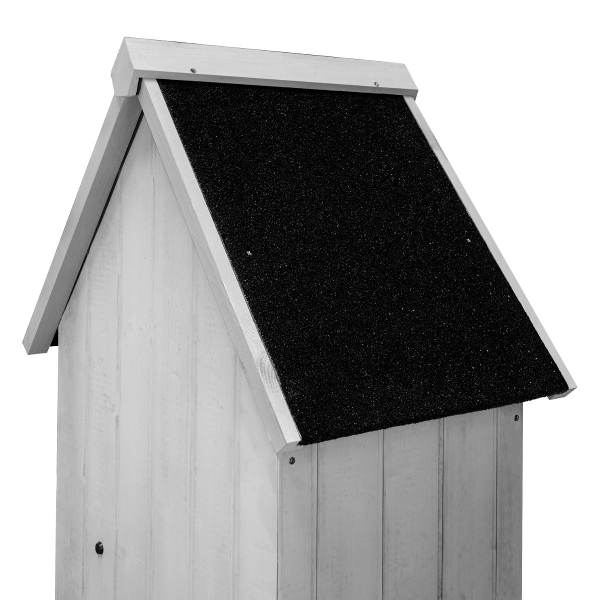 Capanno da giardino in legno grigio con tetto nero, struttura verticale, finitura liscia e dettagli eleganti per esterni