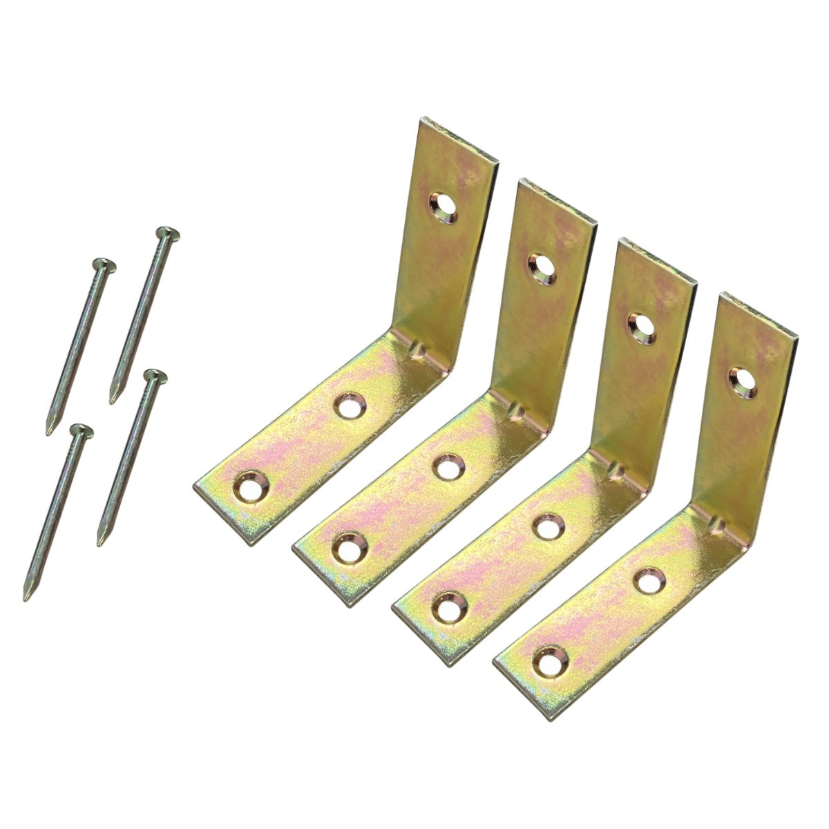 Staffe angolari in metallo dorato con fori, accompagnate da chiodi, ideali per rinforzare strutture in legno o giardino