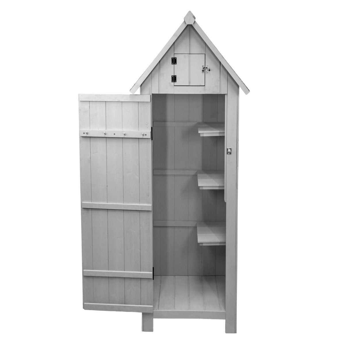 Capanno da giardino in legno grigio con tetto a punta, porte aperte e ripiani interni per riporre attrezzi e giardinaggio