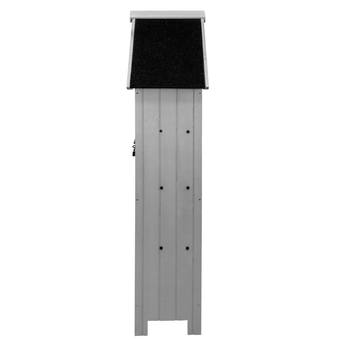 Capanno da giardino in legno grigio con tetto a spiovente, superficie liscia e dettagli in legno, ideale per riporre attrezzi da giardinaggio