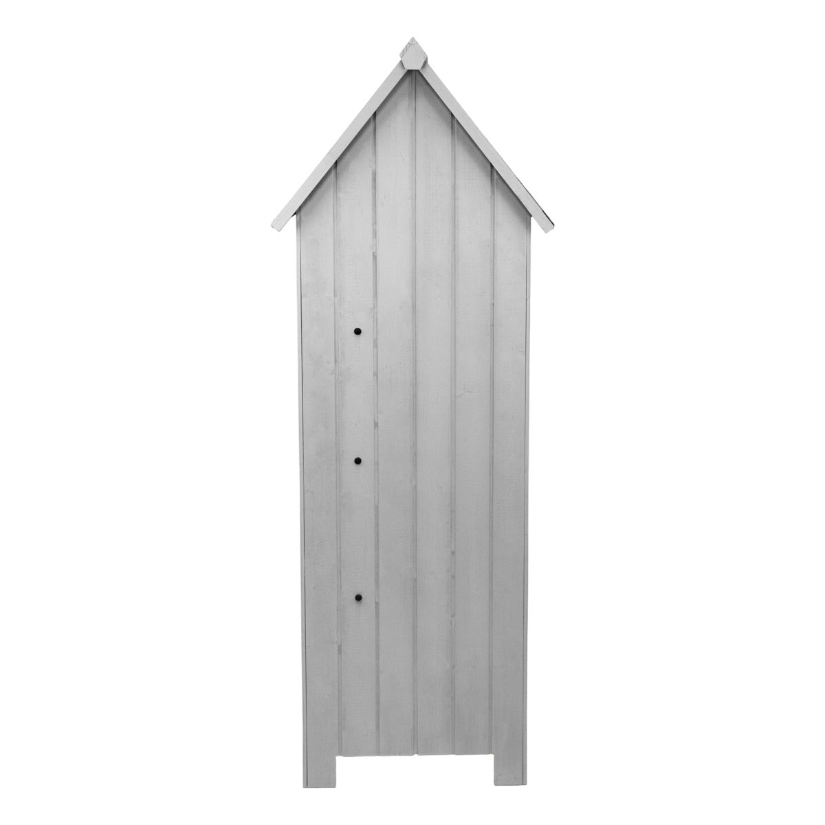Capanno da giardino in legno grigio, con tetto a punta, pareti verticali e tre fori per la ventilazione, ideale per riporre attrezzi