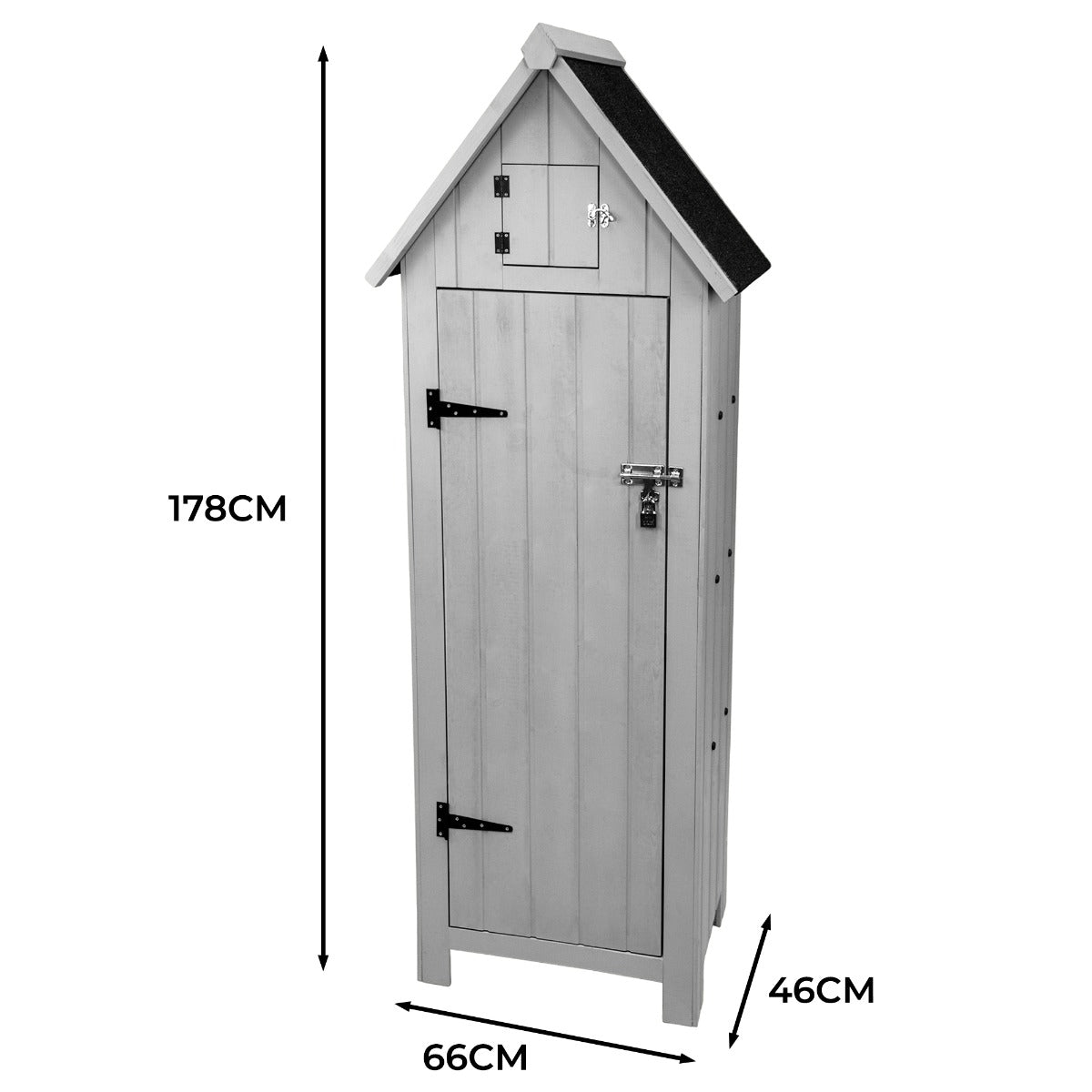 Capanno da giardino in legno grigio con tetto a spiovente, porte in legno con serratura, dimensioni 178x66x46 cm, finitura liscia