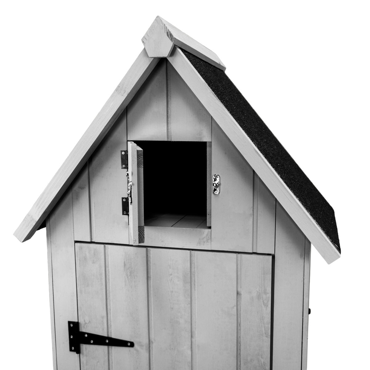 Capanno da giardino in legno grigio con tetto a spiovente, finestra aperta, dettagli in metallo e superficie liscia e naturale