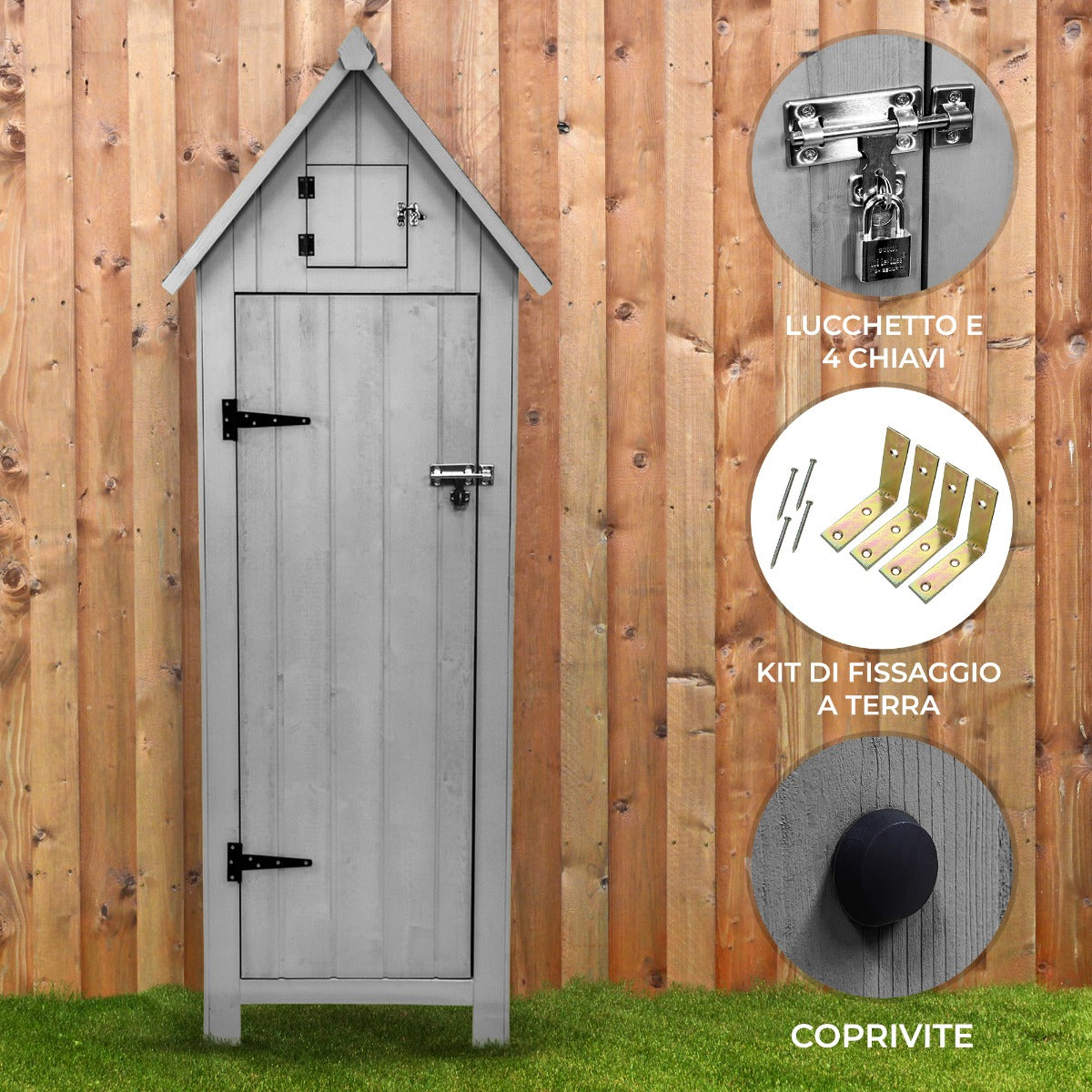 Capanno da giardino in legno grigio con tetto a punta, serratura, chiavi e dettagli in metallo, ideale per riporre attrezzi e materiali