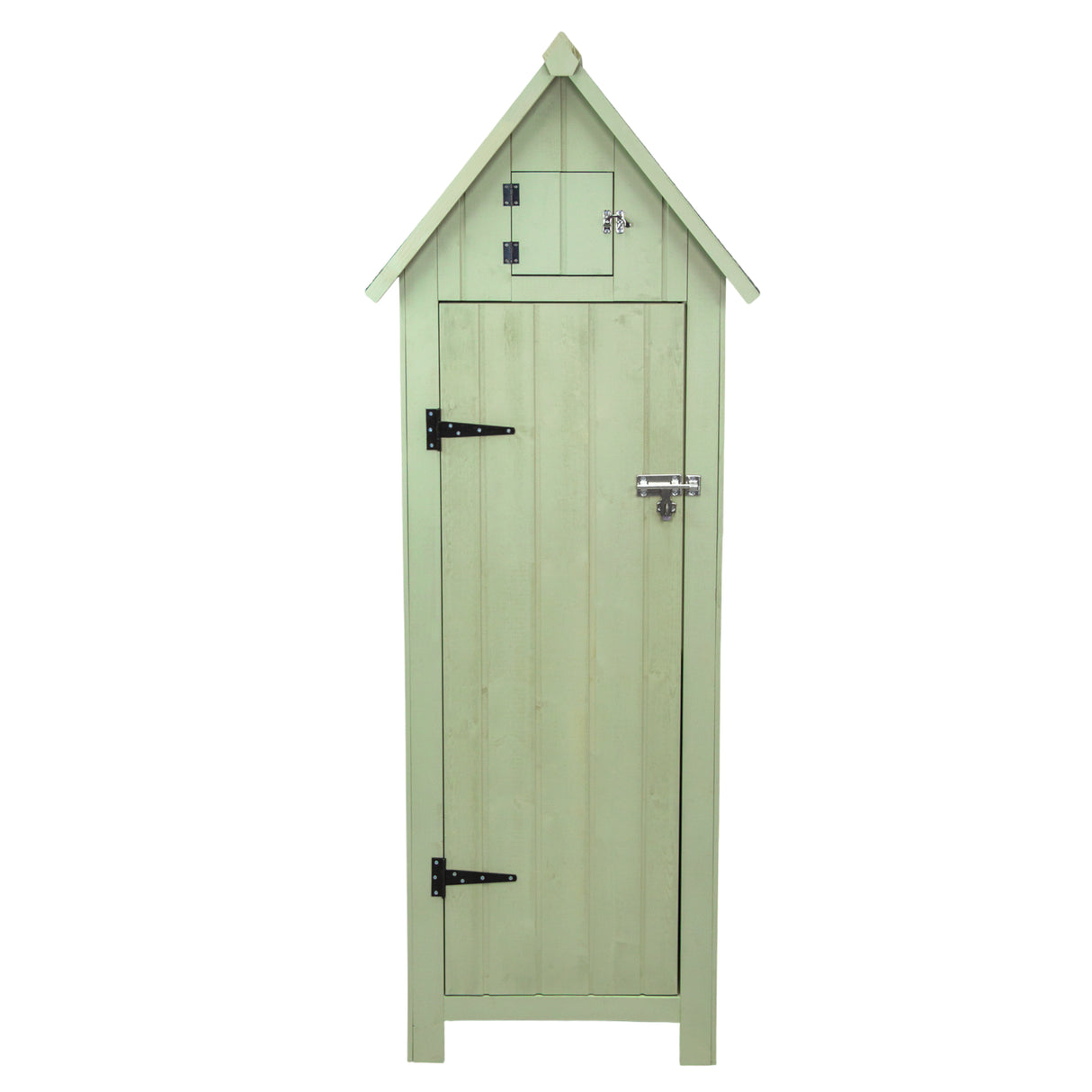 Casetta da giardino in legno verde chiaro con tetto a punta, porte in legno con serratura e dettagli in metallo nero lucido