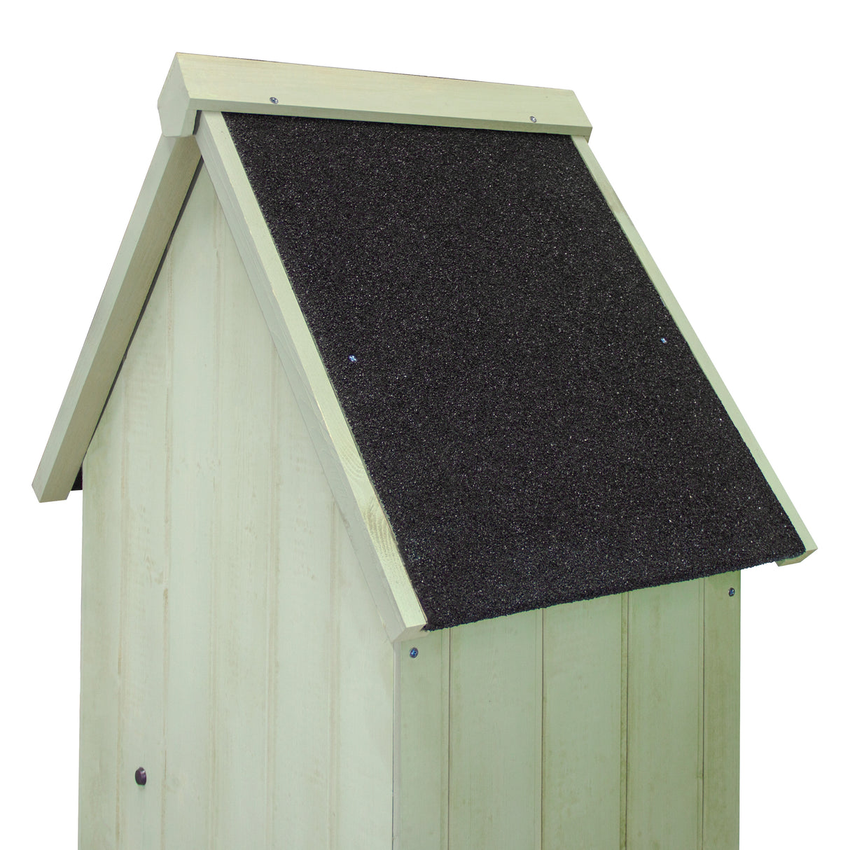 Casetta da giardino in legno verde con tetto nero, struttura verticale con pannelli in legno e finitura liscia, ideale per esterni