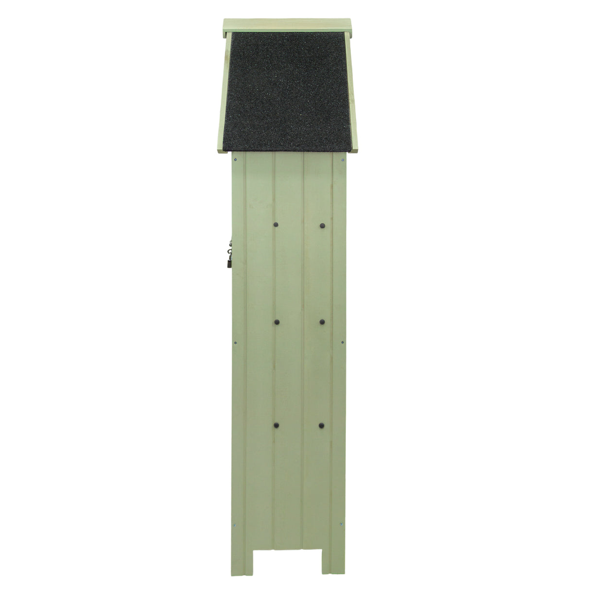 Casetta da giardino in legno verde con tetto a spiovente, finitura liscia e dettagli neri, ideale per esterni e giardini