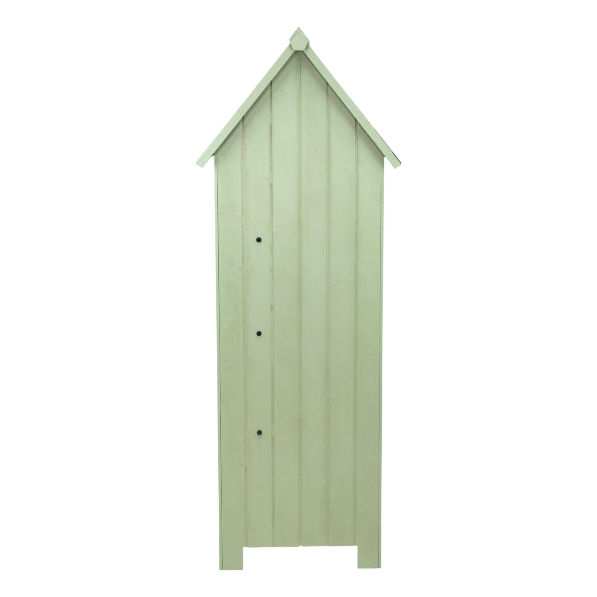 Casetta da giardino in legno verde chiaro, con tetto a punta, pareti verticali e tre fori per la chiusura, design elegante e funzionale