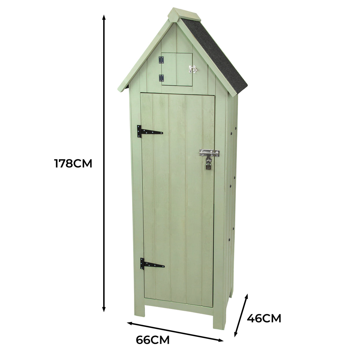 Casetta da giardino in legno verde, alta 178 cm, con tetto a spiovente, porte in legno e serratura, ideale per riporre attrezzi