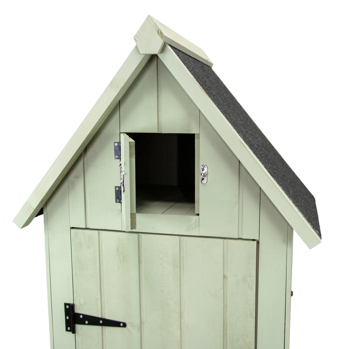 Casetta da giardino in legno verde con tetto a spiovente, porta con serratura e finestra, ideale per riporre attrezzi e materiali
