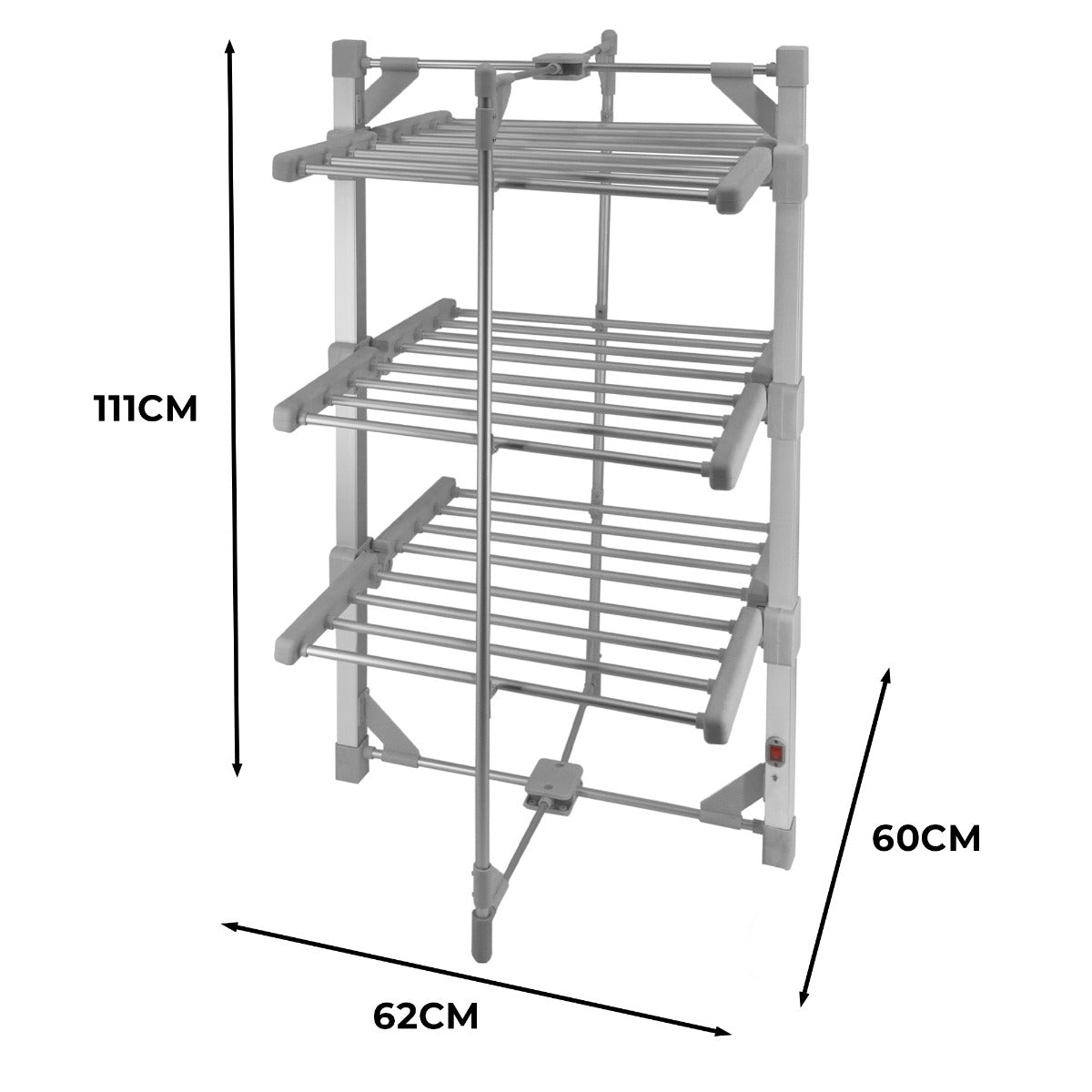 Stendibiancheria elettrico riscaldato in metallo grigio, con tre ripiani, dimensioni 111 cm di altezza, 60 cm di larghezza e 62 cm di profondità