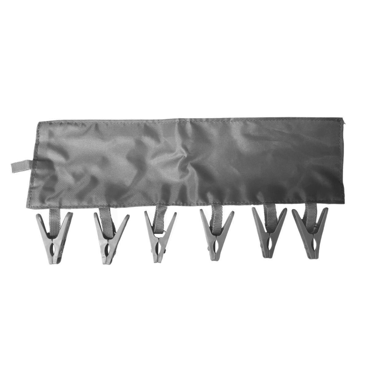 Stendibiancheria elettrico riscaldato con cinque clip grigie su una base in tessuto grigio, ideale per asciugare rapidamente i vestiti