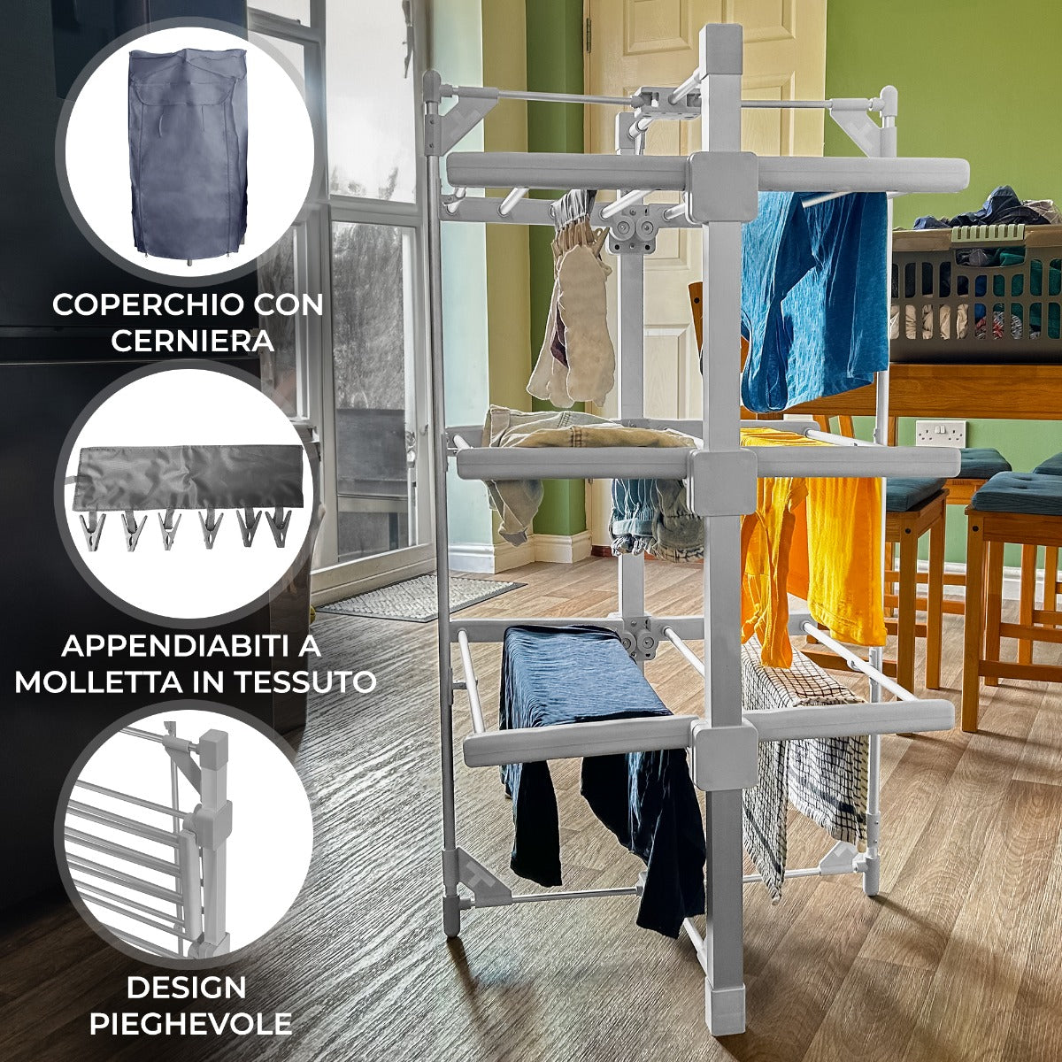 Stendibiancheria elettrico riscaldato bianco con ripiani in tessuto, appendiabiti a molletta, design pieghevole e copertura con cerniera