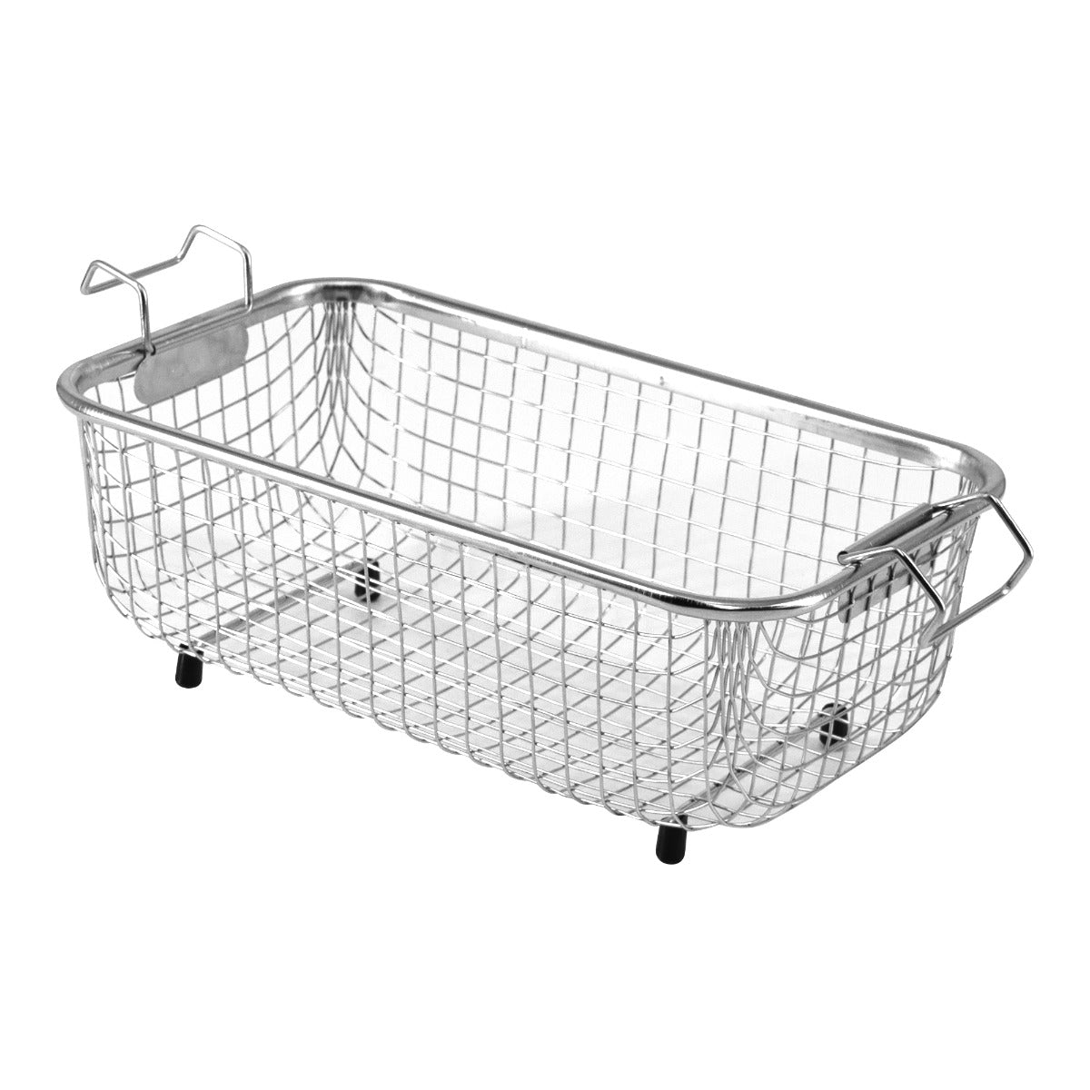 Cestello in acciaio inox per pulitore ad ultrasuoni, rettangolare, con manici e piedini, ideale per la pulizia di vinili e oggetti delicati
